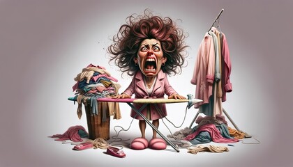 Caricature of a Woman's Frustration with Laundry - obrazy, fototapety, plakaty
