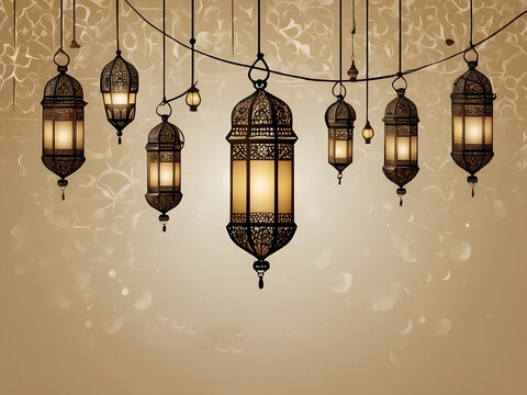 Islamic greeting Ramadan Kareem and Eid Mubarak card background design with lanterns, lamps, and beige colour design.