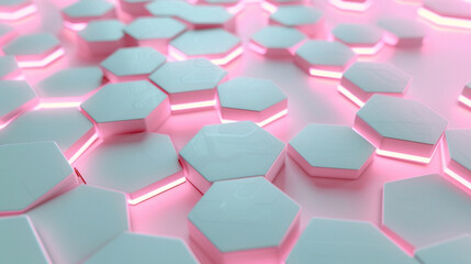 Gentle pink and blue hexagons glowing for serene tech.