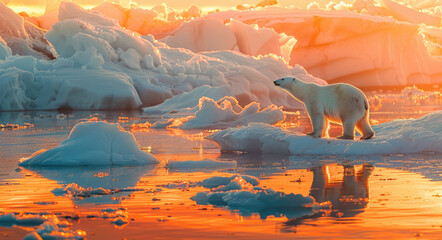 A polar bear stands on the melting ice of the Arctic Ocean, with orange and yellow hues in its fur against an endless horizon.