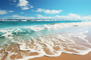 Brown sandy beach. Panoramic view of sandy beach. Blue sea wave hitting sand white bubbles white clouds and bright sky. Aerial photography of sea wave. Ocean and beach. Copy space landscape.