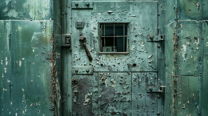 imposing door of a Russian prison cell, its surface worn by time and marked by the history it has witnessed In this door