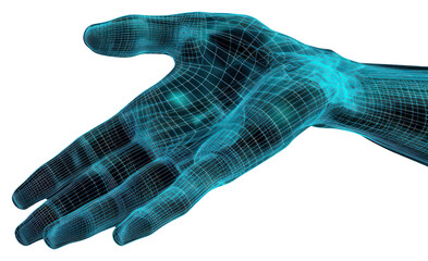 PNG  Glowing wireframe of hand futuristic blue black background - obrazy, fototapety, plakaty