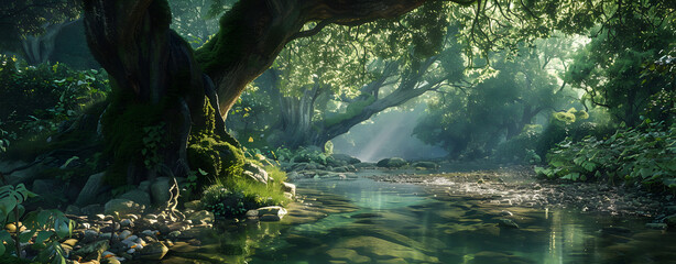 magical forest and rivers, digital art illustration Willow Woods forest where ancient willow trees.
