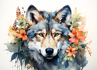 Watercolor painting of head wolf draw by among leaves and flowers nature on white background. Realistic animal clipart template pattern. Background Abstract Texture. - obrazy, fototapety, plakaty