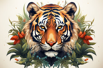 Watercolor painting of Tiger head yellow, black among leaves and flowers on white background. For fabric texture design. artwork by painting. Abstract background.	