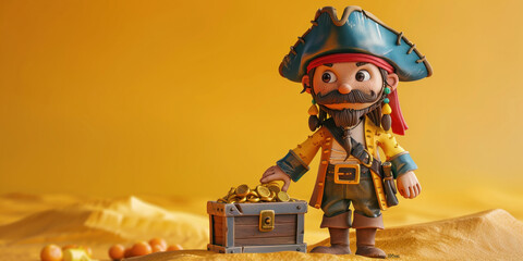 Pirate figurine with treasure chest full of gold coins on desert sand dune under the hot sun - obrazy, fototapety, plakaty