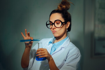 Funny Scientist Mixing Substances Creating Chemical Reactions. Silly humorous research worker not knowing what she is doing
