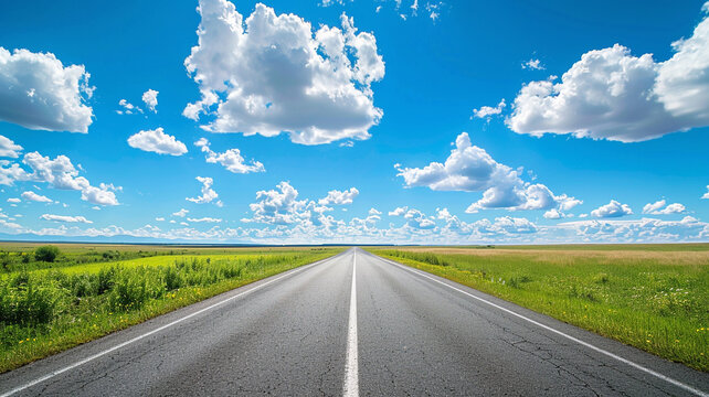 road leading to the horizon with blue sky and white clouds