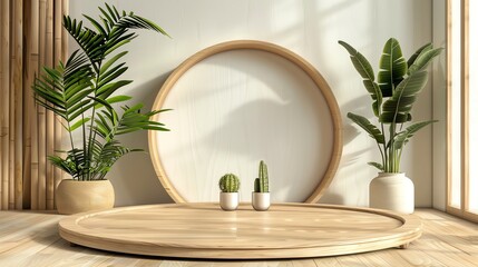Beautiful round wooden empty podium with space for a product with plant elements,