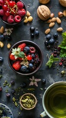 Obraz na płótnie Canvas antioxidant rich foods, berries, nuts, green tea, dark, moody