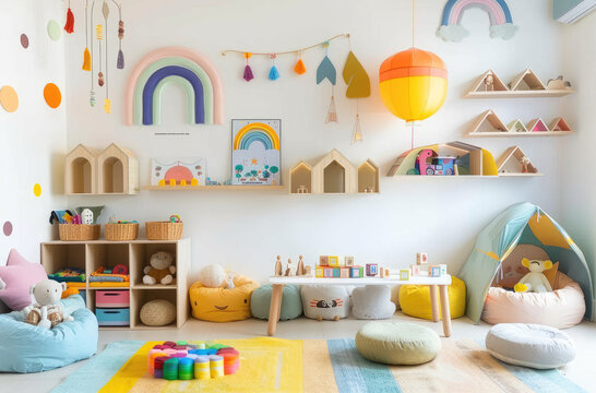 a child's playroom with pastel colored furniture and wall art, featuring white shelves for toys and bookshelves, wooden boxes on the floor, bright colors like yellow or blue, geometric shapes