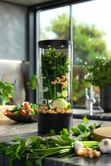 realistic image of a blender jar full with this ingredients , vegetable stock , a lot of raw asparagus, root end trimmed , roasted cashews , yellow onion, green pepper 