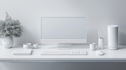 A computer desk with a monitor, keyboard, mouse, and a vase of flowers