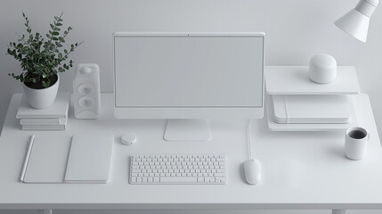 A white desk with a computer monitor, keyboard, mouse, and a cup of coffee
