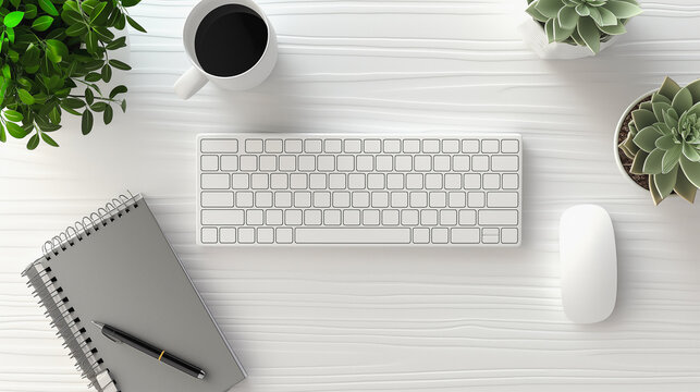 A white computer keyboard sits on a desk next to a notebook and a cup of coffee