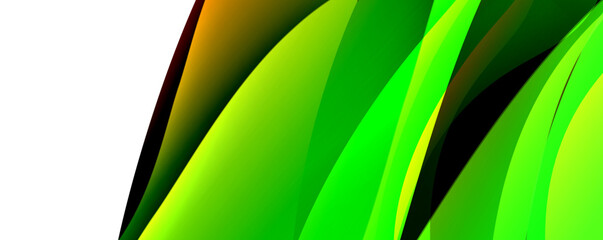 A macro photograph showcasing a vibrant green and yellow wave pattern resembling grass, with tints and shades of electric blue, set against a white background