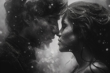 A man and woman are kissing in the snow
