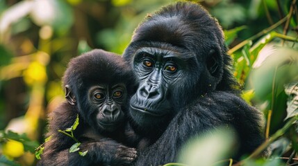 Obraz premium Gorilla Gently Cradling Its Young in Its Arms, Demonstrating Tender Parenthood.