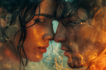 A man and woman are kissing in a fiery scene