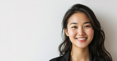Fototapeta premium Young asian woman with dark brunette hair smiling with copy space. Happiness, white teeth, smooth skin tone, natural beauty, joyful positive concept