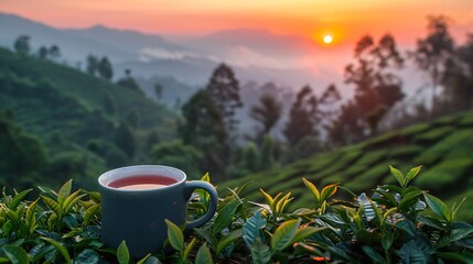 Obraz premium A mugs smiling silhouette against the rising sun tea garden slopes embracing the day