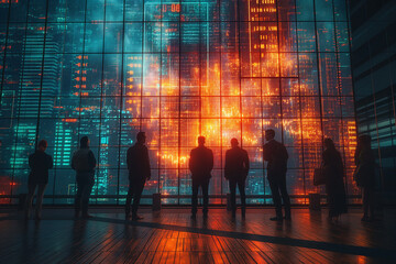 A group of people are standing in front of a large window - Powered by Adobe