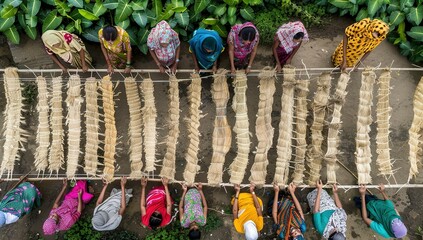 Aerial view of Women at work on the preparation of natural fabric, Barga, Rajshahi, Bangladesh