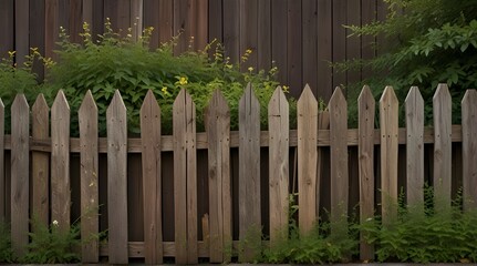 Fototapeta premium Old weathered wooden picket fence covered in foliage, cut out.generative.ai