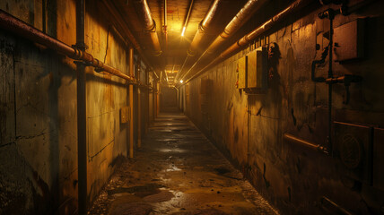 Underground Bunker Hallway with Exposed Pipes and Dim Lighting