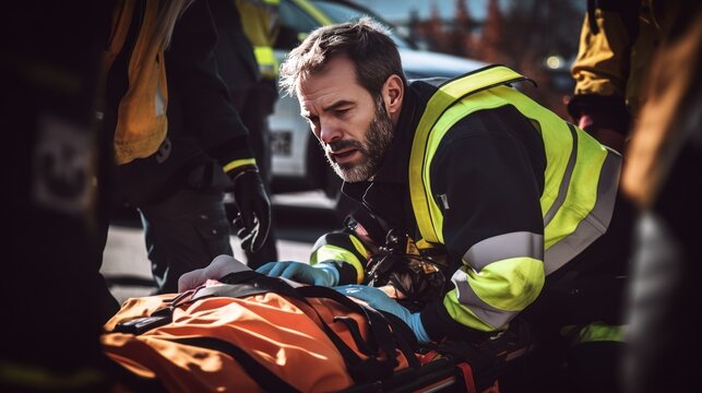 confident paramedic providing emergency medical assistance at the scene of an accident 