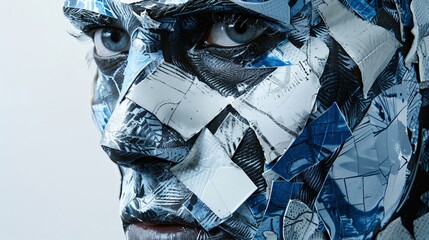 A surreal portrait of a human face with abstract geometric patterns and textures replacing the skin and features