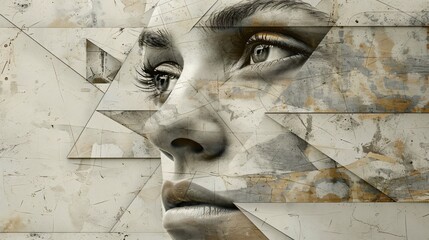 A surreal portrait of a human face with abstract geometric patterns and textures replacing the skin and features