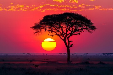 A tree stands in a field with a large sun in the background - obrazy, fototapety, plakaty