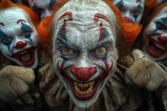 A clown with a red nose and white face is smiling and surrounded by other clowns