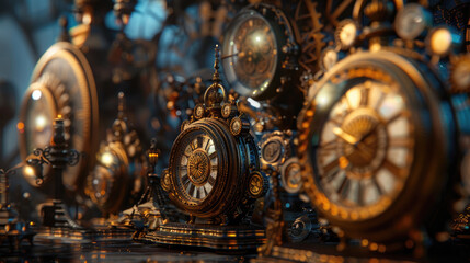 Amidst a collection of mystical clocks, time bends to unveil the secrets of bygone eras As each second ticks, the essence of various civilizations is vividly portrayed 3D Render, Rembrandt Lighting - obrazy, fototapety, plakaty