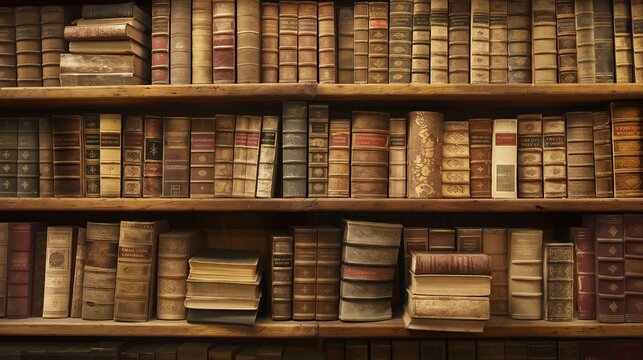 Vintage Wisdom Exploring an Abundant Collection of Antique Books on Wooden Shelves