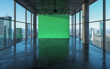 Studio room with green screen on an upper floor with a city background - obrazy, fototapety, plakaty