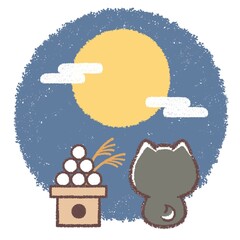 後ろ姿の黒柴犬と月見団子