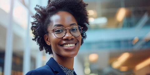 Young confident black african american business woman smiling in corporate background with copy space. Success, career, leadership, professional, diversity in a workplace concept