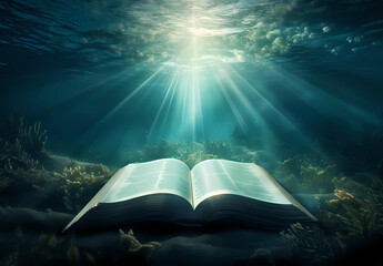 A glowing open Bible with rays of light shining