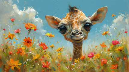 Giraffe Calf Frolicking in the Grasslands, Discovering the World with Wide-Eyed Wonder.