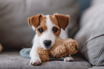 Cute Jack Russell Terrier puppy sitting on sofa with teddy bear