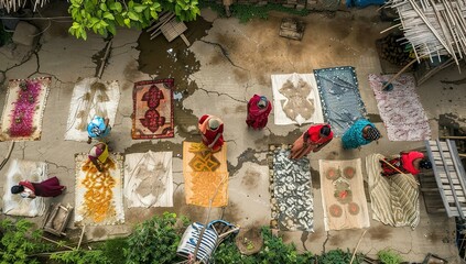 Aerial view of Women at work on the preparation of natural fabric, Barga, Rajshahi, Bangladesh