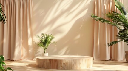 Beautiful round wooden empty podium with space for a product with plant elements,