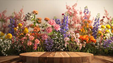 Fototapeta na wymiar A wooden podium adorned with vibrant flowers against a serene background.