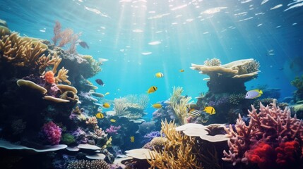 magical underwater world filled with colorful coral reefs, tropical fish, and swaying sea plants.