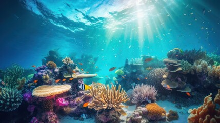 Naklejka premium magical underwater world filled with colorful coral reefs, tropical fish, and swaying sea plants.