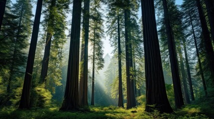 old-growth forest with towering trees reaching up towards the sky, 
