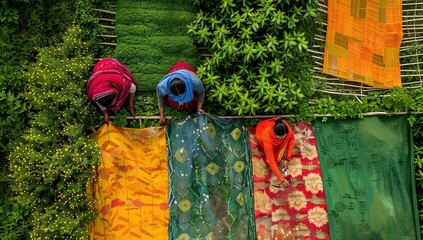 Aerial view of Women at work on the preparation of natural fabric, Barga, Rajshahi, Bangladesh